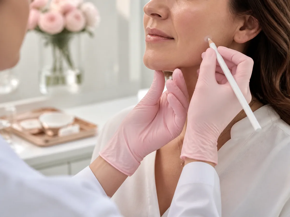 Illustrative Botox and filler consultation with a clinician marking a treatment area