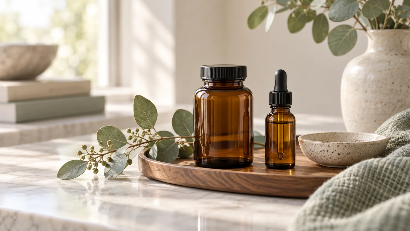 Illustrative still life representing bioidentical hormone therapy: amber bottle, dropper vial, eucalyptus