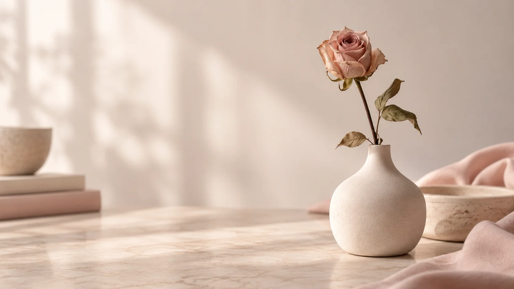 Illustrative still life representing private sexual wellness care: a single rose in a ceramic vase
