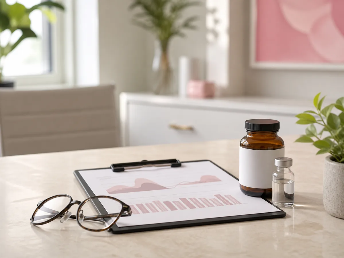Illustrative hormone-lab consultation still life