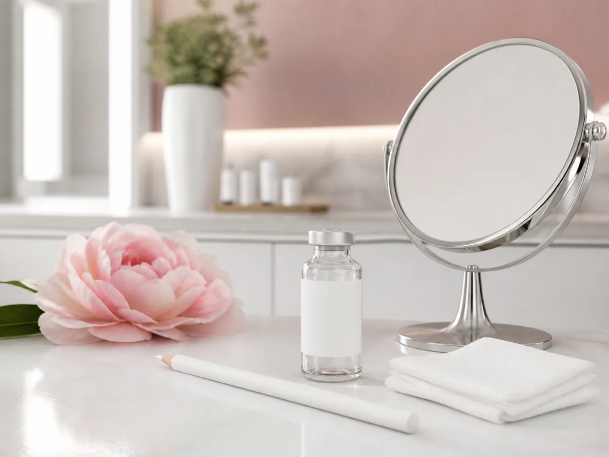 Illustrative aesthetic consultation still life with mirror and unlabeled vial