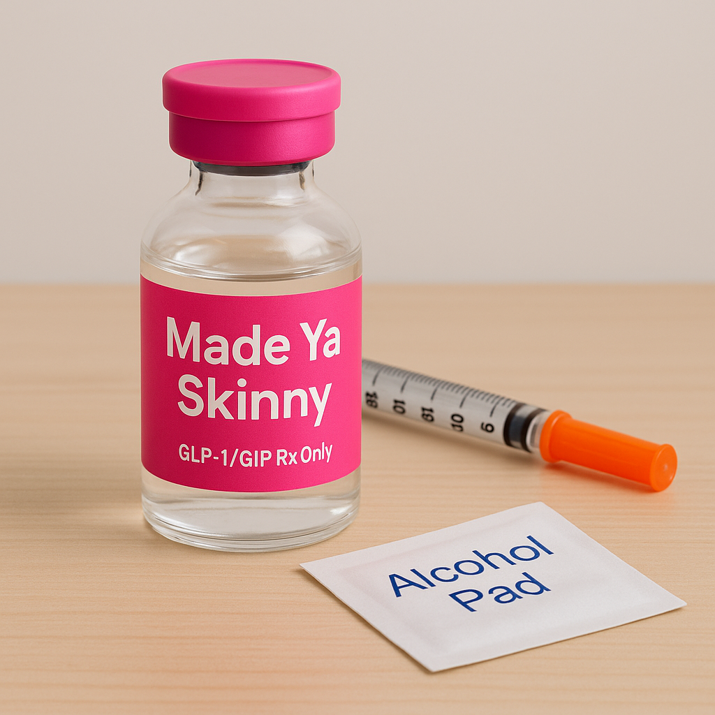A Made Ya Skinny weight loss injection vial, marked prescription only, beside a syringe and an alcohol pad