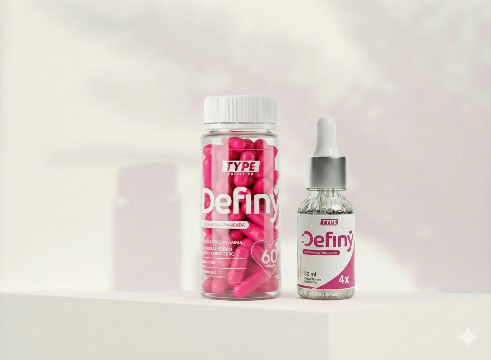 Two definy products, capsules and serum, on a white surface.