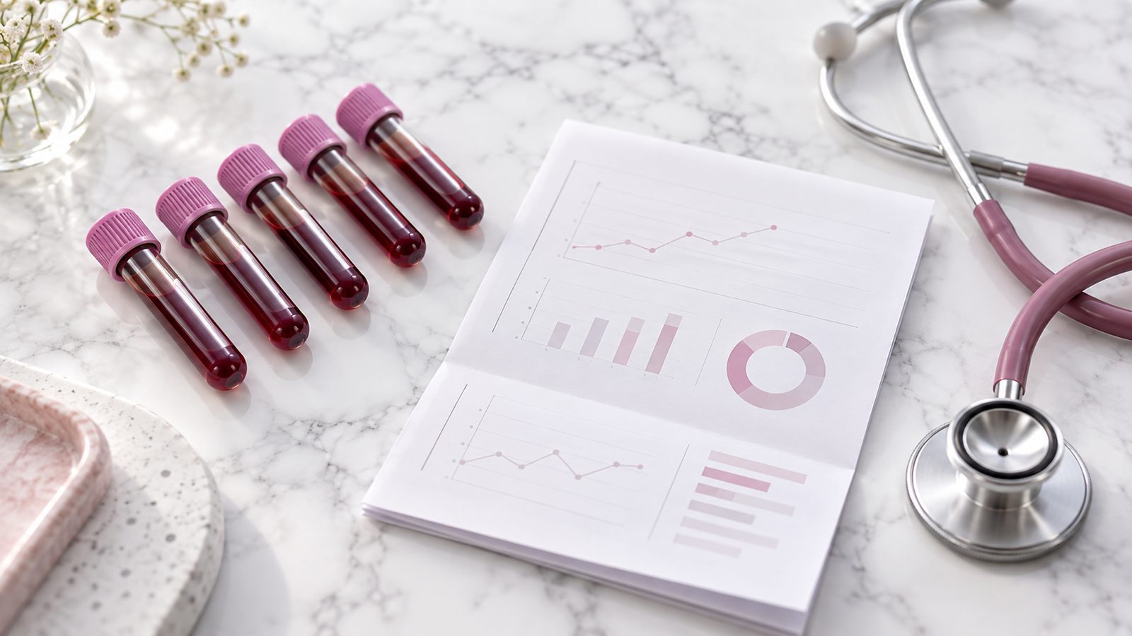 Blood sample vials and a printed lab report on a clinic counter