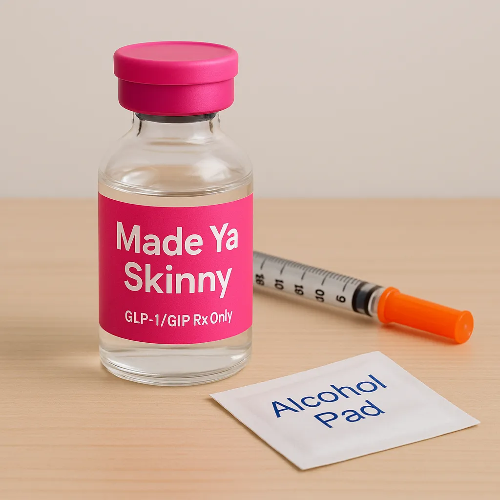 A Made Ya Skinny weight loss injection vial, marked prescription only, beside a syringe and an alcohol pad